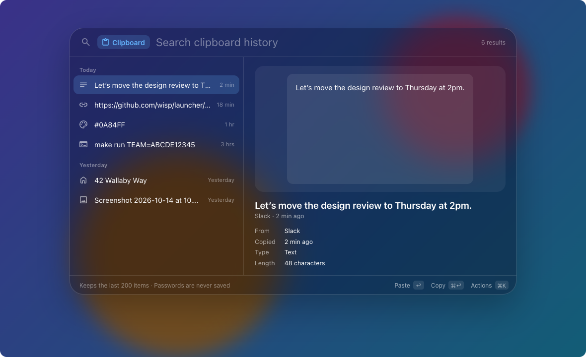 Clipboard history in the launcher, dark appearance