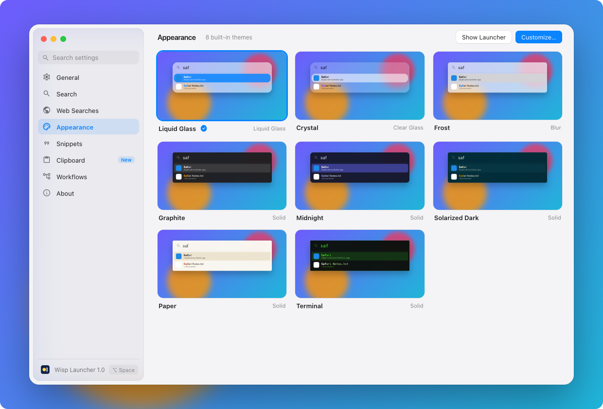 Wisp Launcher Appearance settings with eight theme previews
