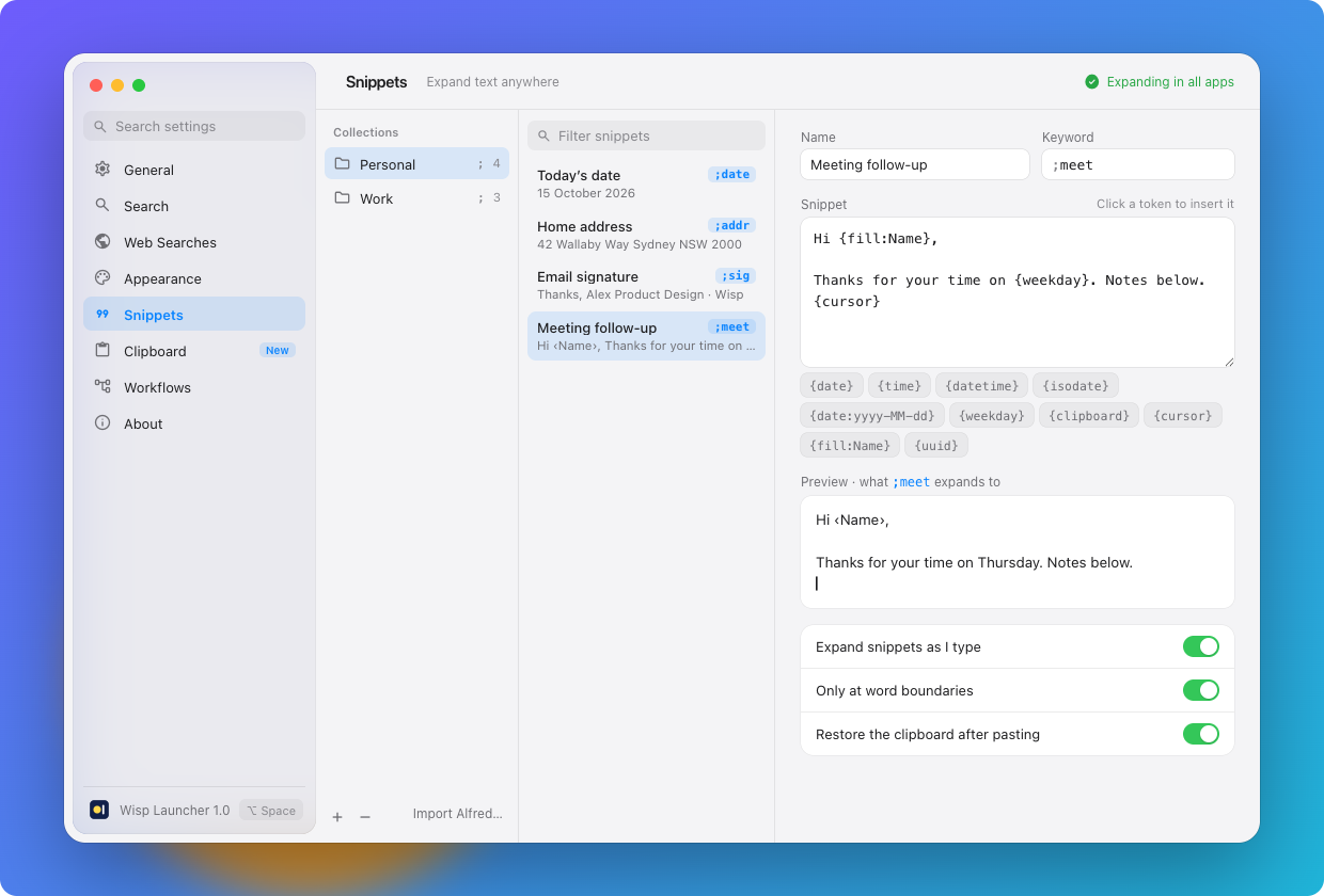 The Snippets pane in Settings with a live preview