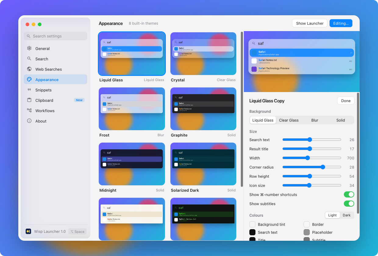 The theme editor with a live preview